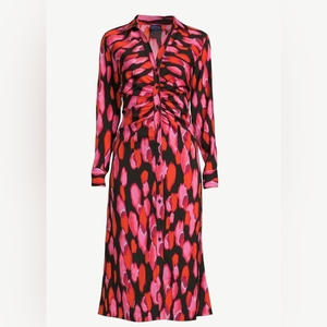 SCOOP MIDI SHIRT DRESS WITH RUCHING PINK BRUSH‎ DOT
